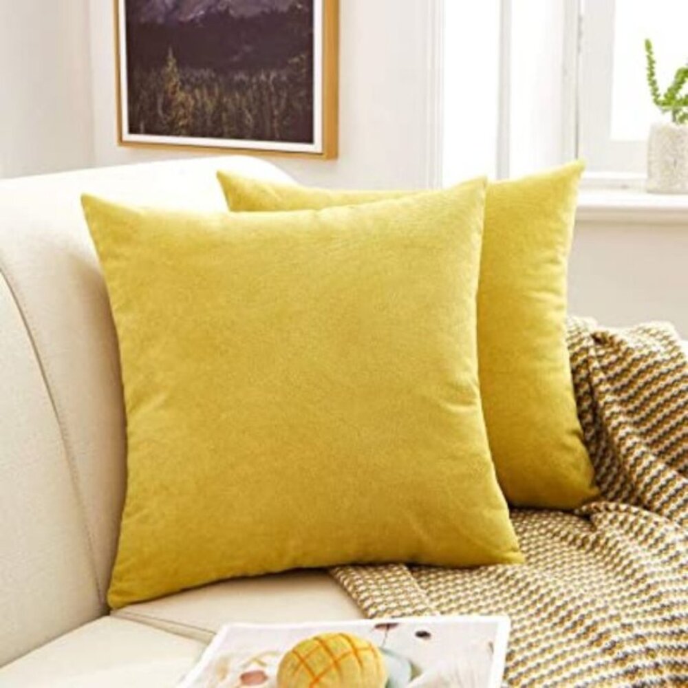 MERNETTE Chenille Decorative Pillow Covers | Set of 2 | 20"x20" | Grass Yellow - Picture 3 of 3